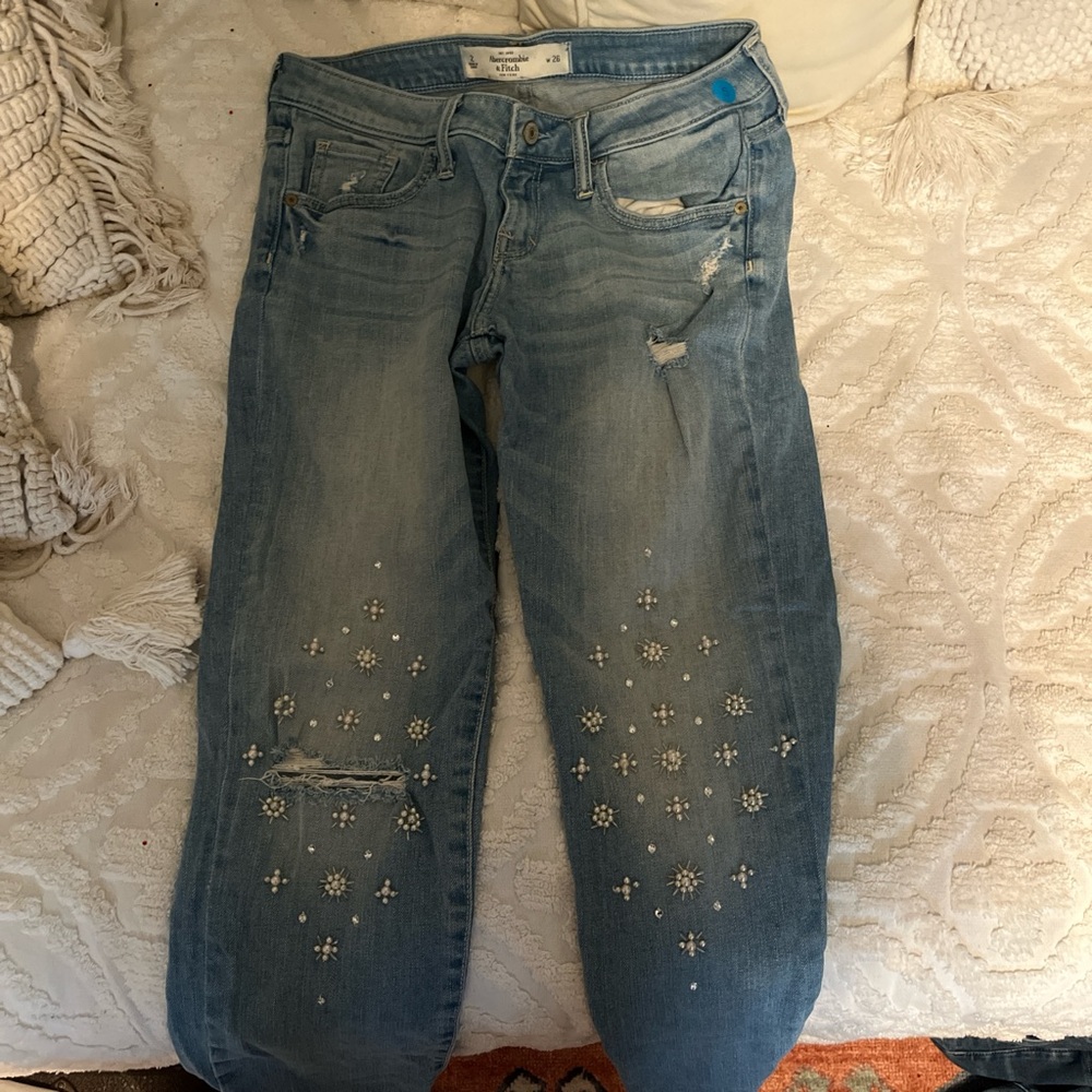 Abercrombie & Fitch Blue Boyfriend Jeans with Distressed Rhinestones